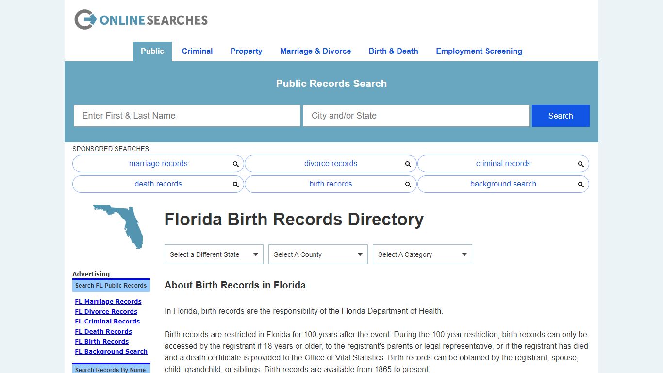 Florida Birth Records Search Directory - OnlineSearches.com